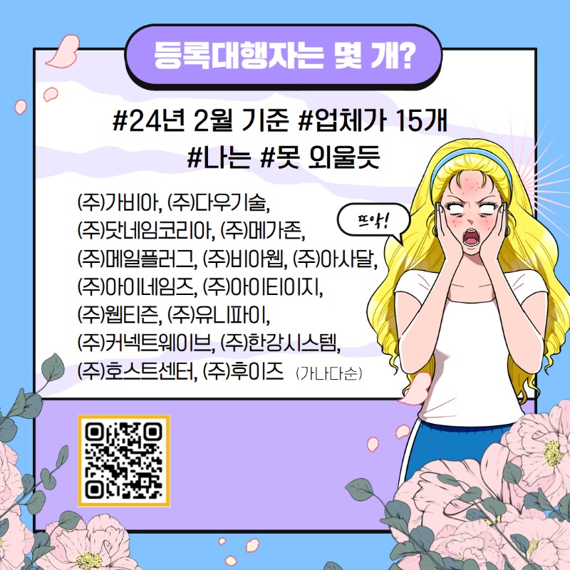 (질문3)등록대행자는 몇 개?, (답변3)24년 2월 기준 15개 업체-(주)가비아,(주)다우기술,(주)닷네임코리아,(주)메가존,(주)메일플러그,(주)비아웹,(주)아사달,(주)아이네임즈,(주)아이티이지,(주)웹티즌,(주)유니파이,(주)커넥트웨이브,(주)한강시스템,(주)호스트센터,(주)후이즈. 더 자세한 내용은 https://krnic.or.kr/jsp/business/management/domain/regAgencyInfo.jsp 를 참조해.